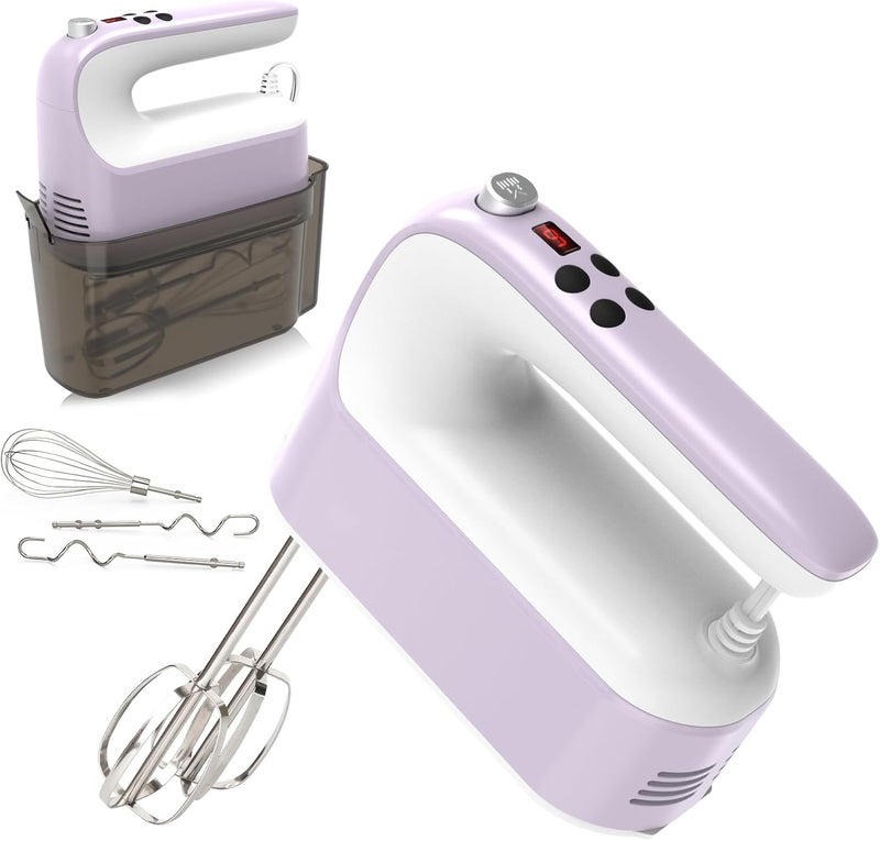 Yomelo 9-Speed Digital Hand Mixer Electric, 400W Powerful DC Motor, Hand Mixer Electric Handheld with Snap-On Storage Case, 5 Stainless Steel Accessories, Beaters, Dough Hooks, Whisk(Lilac Purple) - Image 1